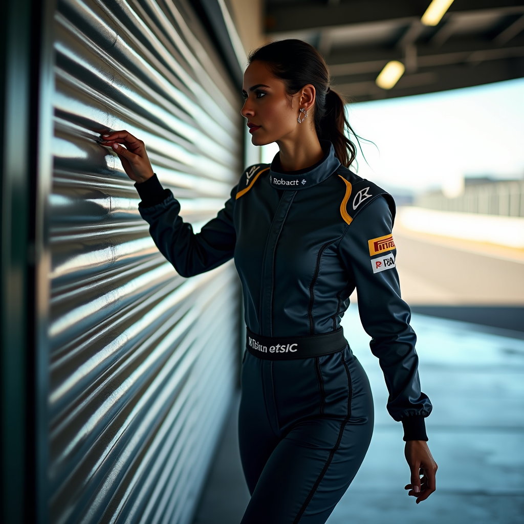 Garage Doorway Racing Suit Portrait example: Photorealistic action motorsport portrait photography. Dynamic portrait of the subject in a racing suit holding the lowe