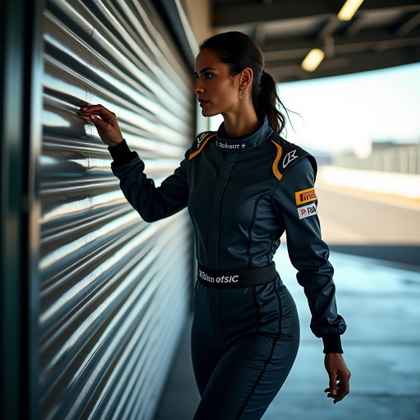 Garage Doorway Racing Suit Portrait example: Photorealistic action motorsport portrait photography. Dynamic portrait of the subject in a racing suit holding the lowe
