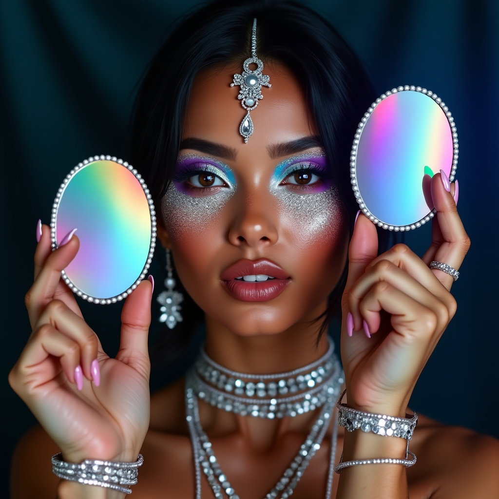 Glitter-and-Gems Beauty Close-Up example: Photorealistic creative festival beauty portrait, an unexpected mirror-fragment composition where the subject’s face is