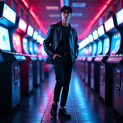AI-generated photo: Photorealistic lifestyle fashion photograph in a retro arcade with a corridor of glowing cabinets, s...