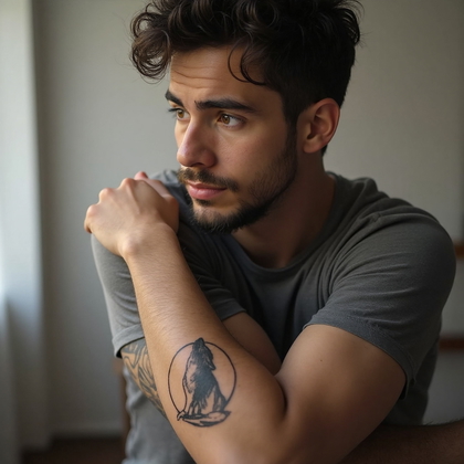 AI-generated photo: Photorealistic photography presenting a 36-year-old man's minimalist animal tattoo on his upper arm,...