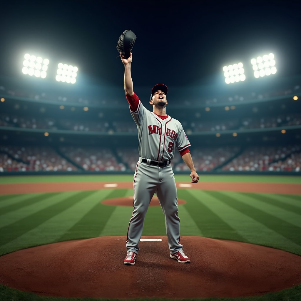 AI-generated photo: Photorealistic sports action photography of a lone closer on the mound at night, captured from a low...