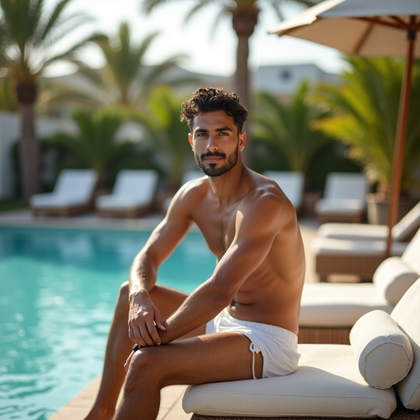 Wet-Hair Post-Swim Portrait example: Photorealistic portrait photography. Environmental beach-club portrait with the subject seated on a cushioned cabana bes