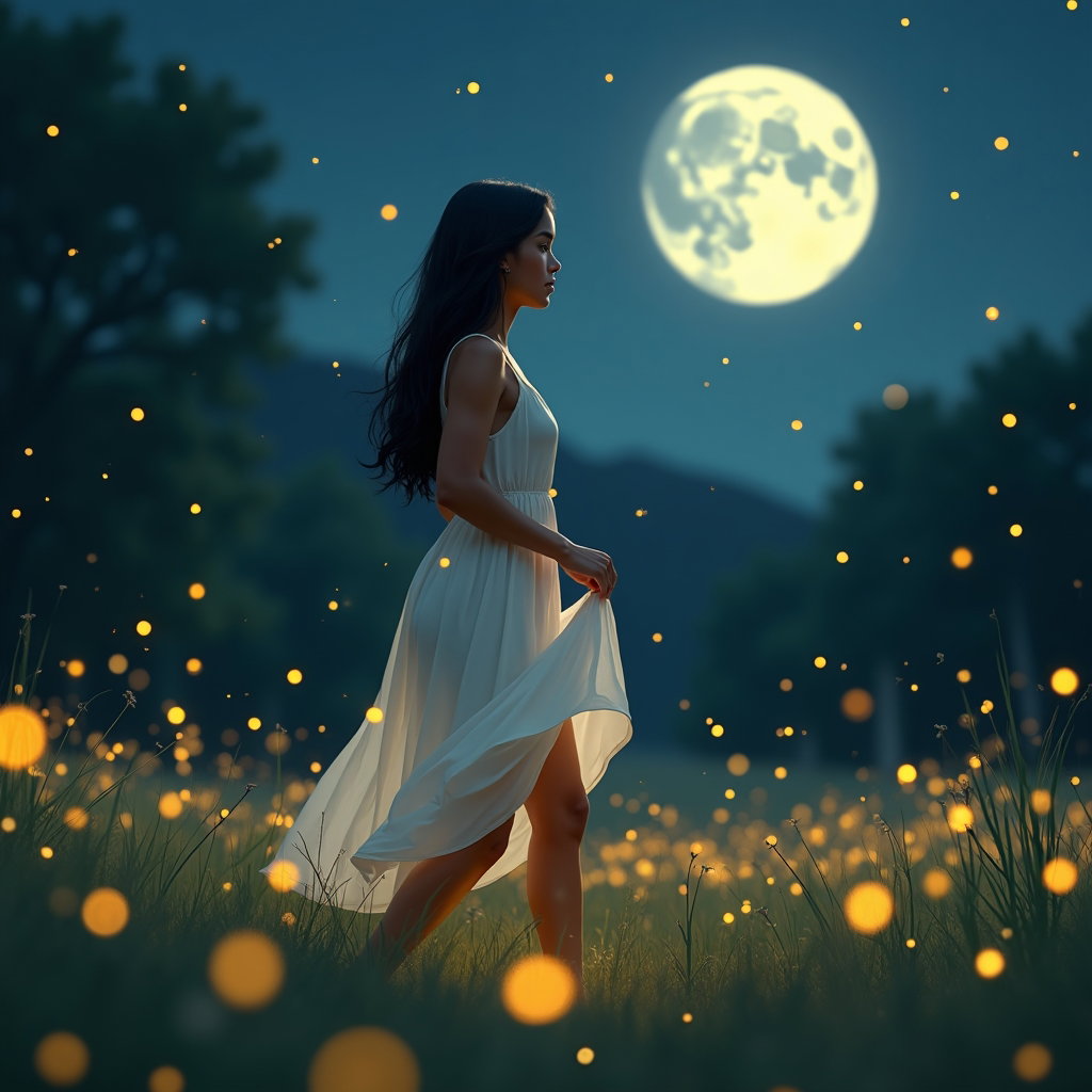 Scène au clair de lune et aux lucioles : portrait onirique au clair de lune d’une personne faisant un pas lent dans une clairière remplie de lucioles, la robe claire bougeant subtilement autour des jambes plutôt que…