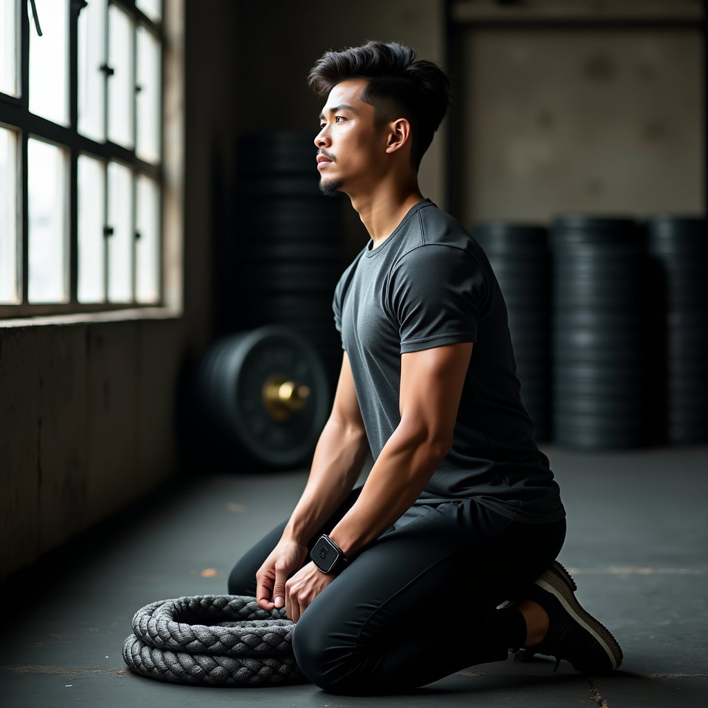 AI-generated photo: Photorealistic natural-light portrait photography of a subject kneeling on one knee beside a steel-m...
