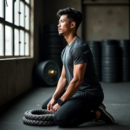 AI-generated photo: Photorealistic natural-light portrait photography of a subject kneeling on one knee beside a steel-m...
