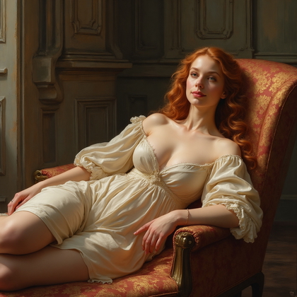 AI-generated photo: Renaissance oil painting. A poised female figure reclining on a velvet chaise lounge draped in flowi...