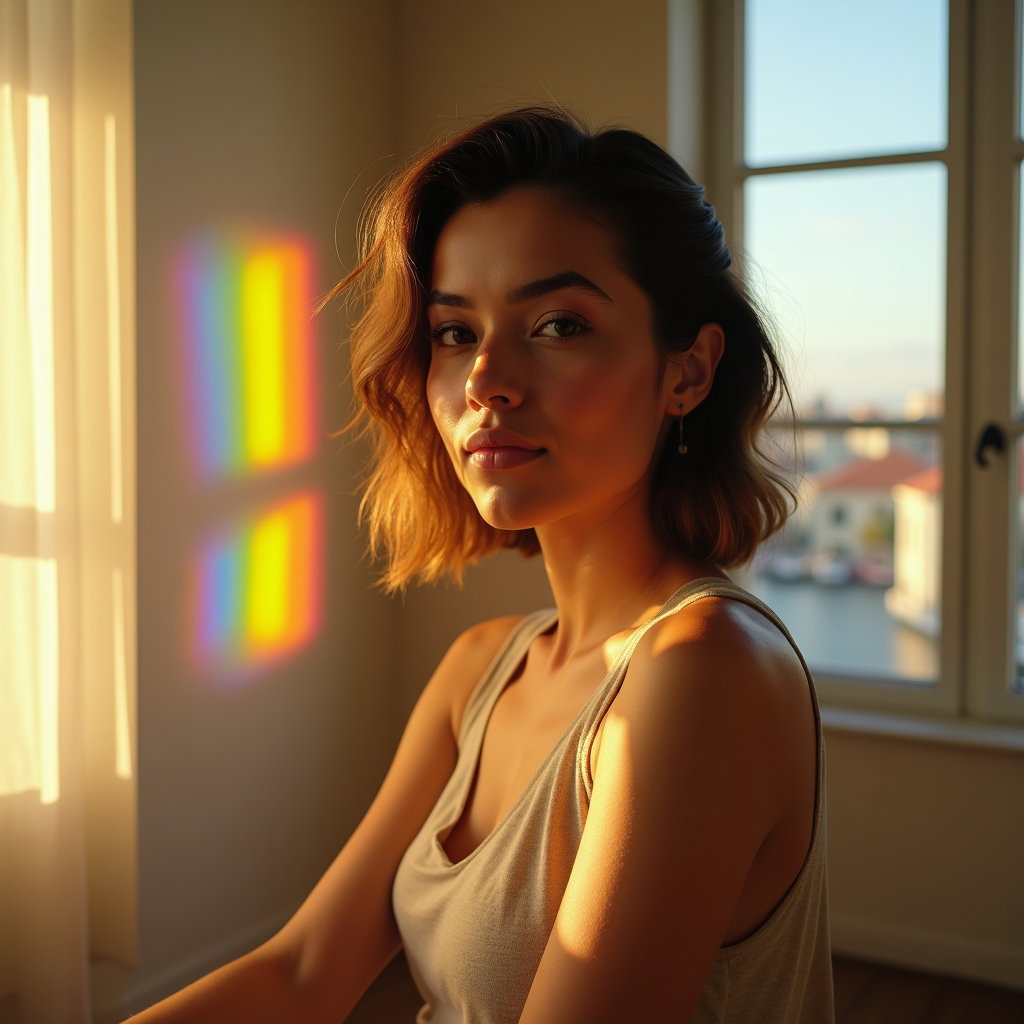 Natural Pride Portraits That Avoid Prop Overload example: Photorealistic portrait photography. Environmental portrait inside a minimal sunlit room, the subject positioned near a