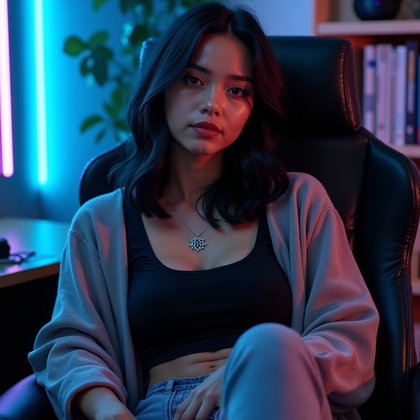 AI-generated photo: Photorealistic lifestyle portrait photography. Medium-close portrait of a real person in a cozy game...