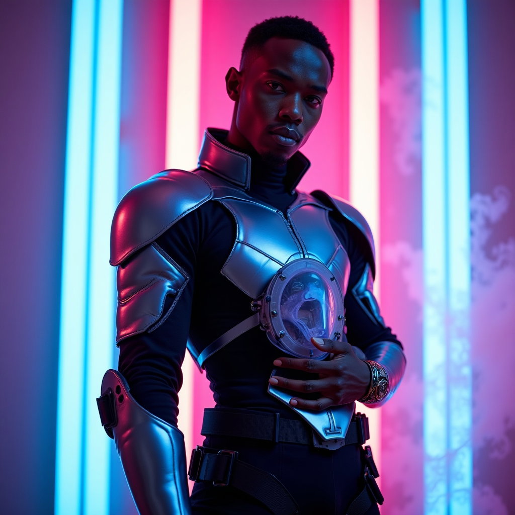Neon Stage Warrior Close-Up example: Cinematic K-pop fantasy portrait photo. Half-body portrait in front of pulsing LED equalizer columns, the subject standi