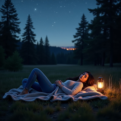 AI-generated photo: Photorealistic forest clearing astro portrait, full-body reclined pose on a chunky knit blanket in a...