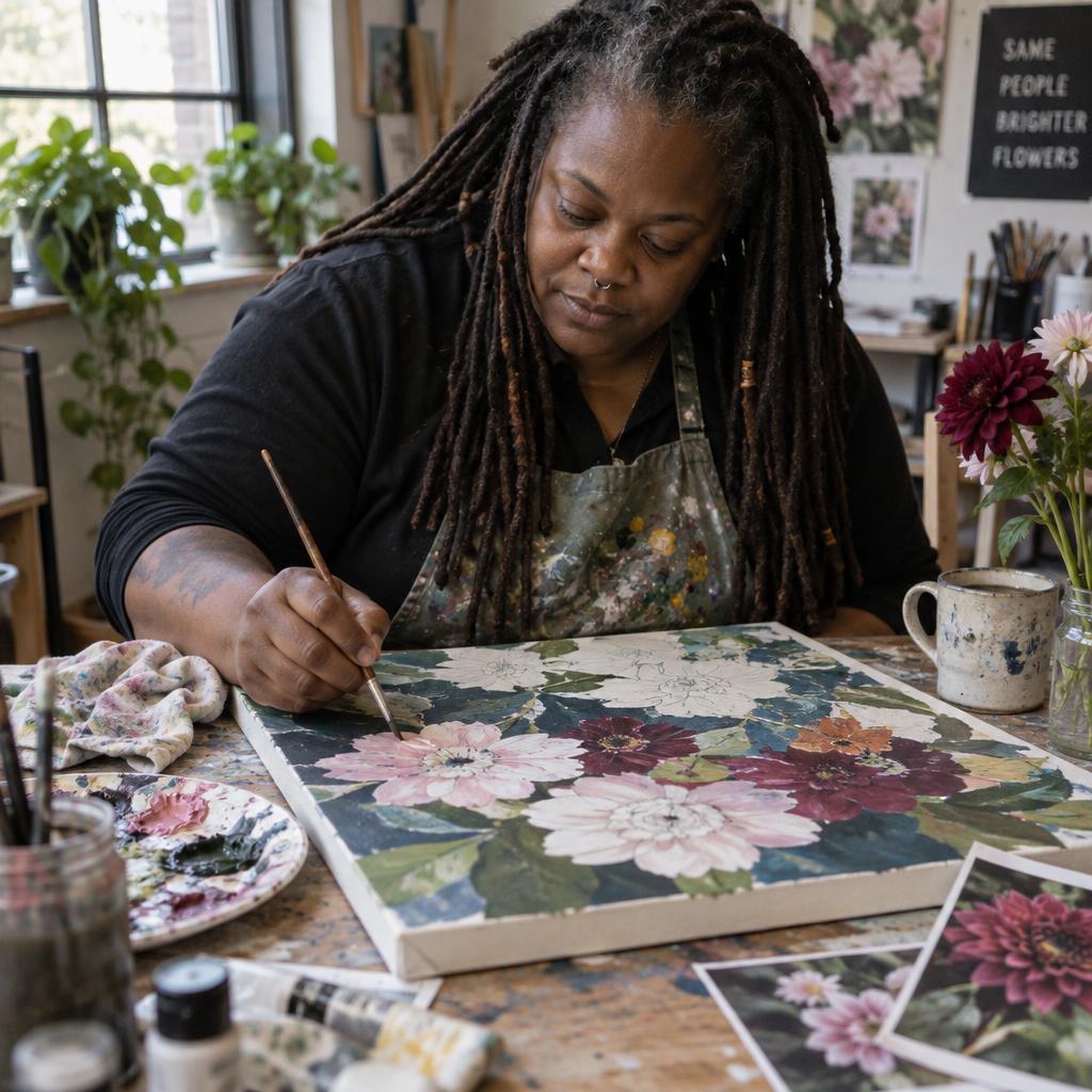 Creative Practice In A Working Studio: Slightly elevated, close candid photo of one person working at a paint-marked studio table, brush poised over a stretched canvas laid flat.