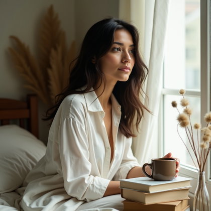 Soft Windowlight Poetcore Portrait in a White Shirt example: Photorealistic portrait photography. Environmental portrait in a cozy reading nook by a window, wearing a loose white sh