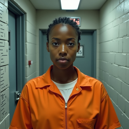 AI-generated photo: Photorealistic correctional intake identity shot, composed as a slightly wide portrait to show more ...