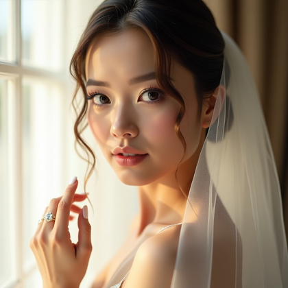 AI-generated photo: Photorealistic wedding beauty photograph of a face-centered close-up by a sheer window with the brid...