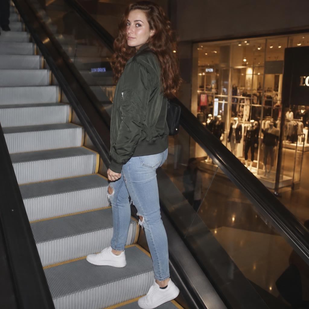 Mall Escalator Streetwear: One person rides down a mall escalator in full-body profile, looking back toward the camera without turning their shoulders.