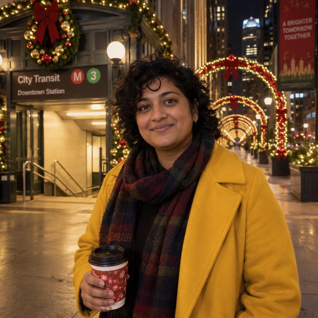 Holiday Lights in the City: Photorealistic Christmas card scene outside a decorated city transit entrance at night.