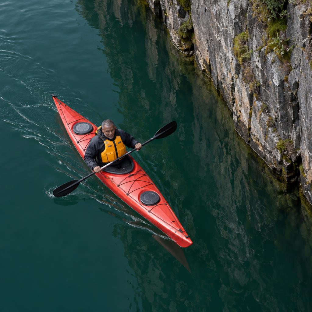 A Solo Outdoor Adventure: From an elevated, nearly overhead angle, show one paddler in a red kayak moving parallel to a sheer fjord wall.