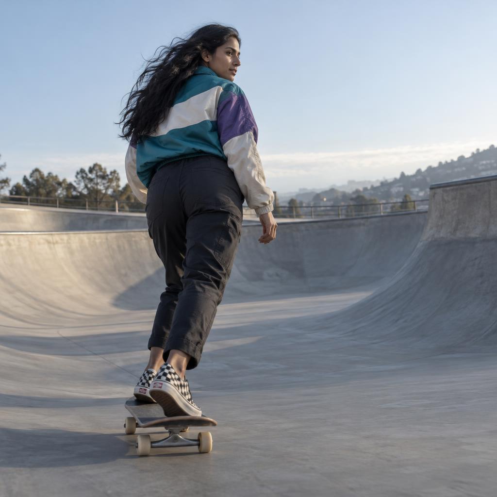 Skate-Park Wide-Angle: Frame the empty concrete bowl from low behind the skater as they roll away from a drop-in, full body visible and checkerboard sneakers…