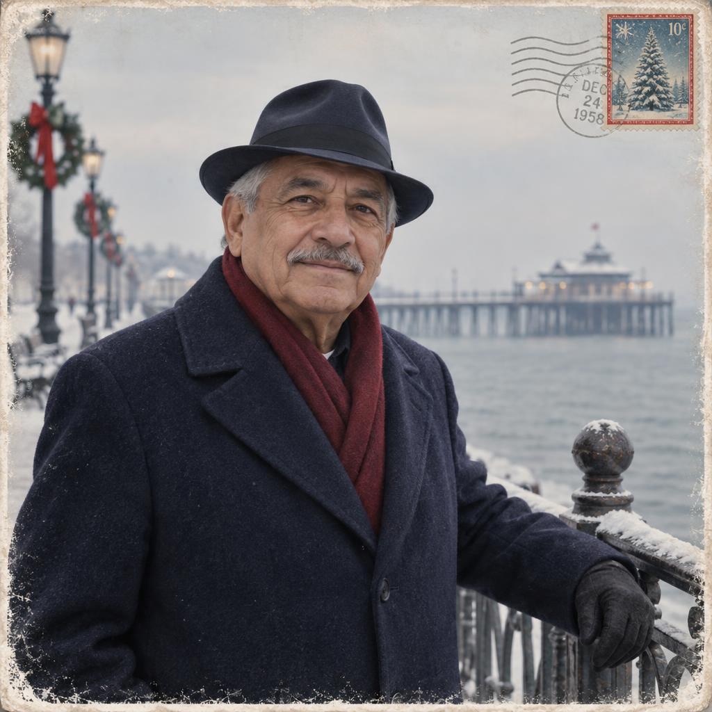 Vintage Postcard-Style Portrait: On a quiet winter promenade, a single person rests one hand on an old iron railing, with a distant pier softened by haze behind him.