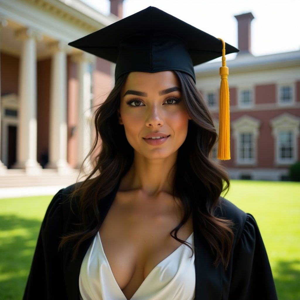 AI-generated photo: Professional fashion graduation photography, a hero-style cap-and-gown portrait captured on a manicu...