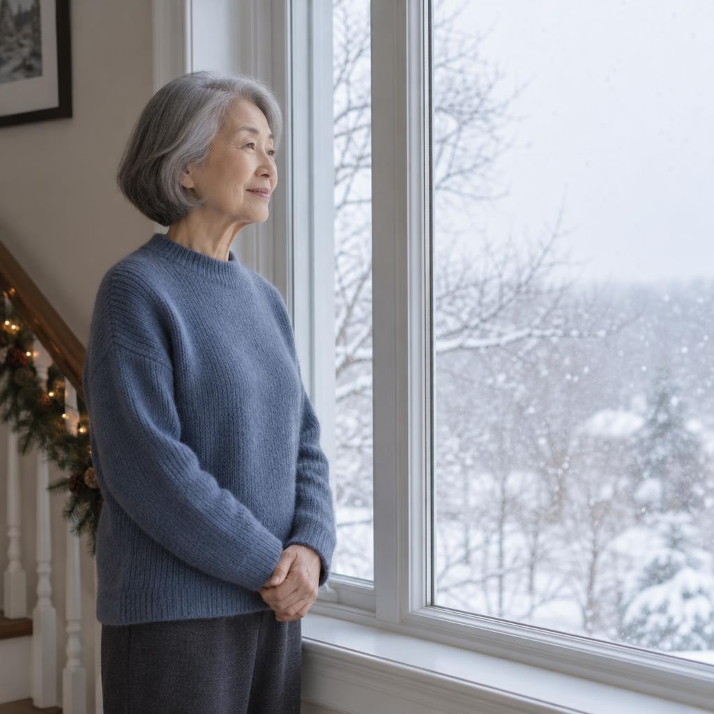 Window-Lit Snowfall Silhouette: A gentle holiday portrait on a quiet stair landing with a tall white-framed window.