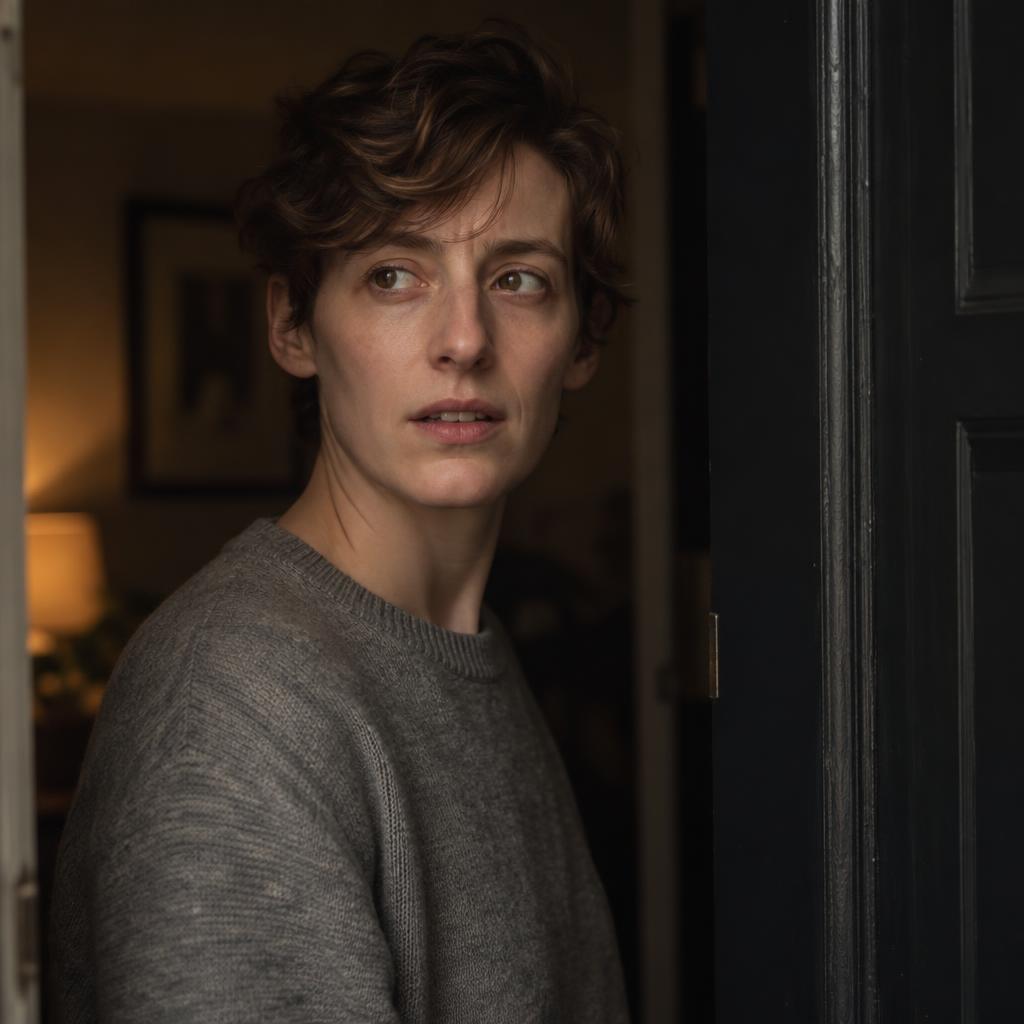 Intimate Dramatic Monologue: Tightly framed head-and-shoulders portrait beside a dark interior doorway.