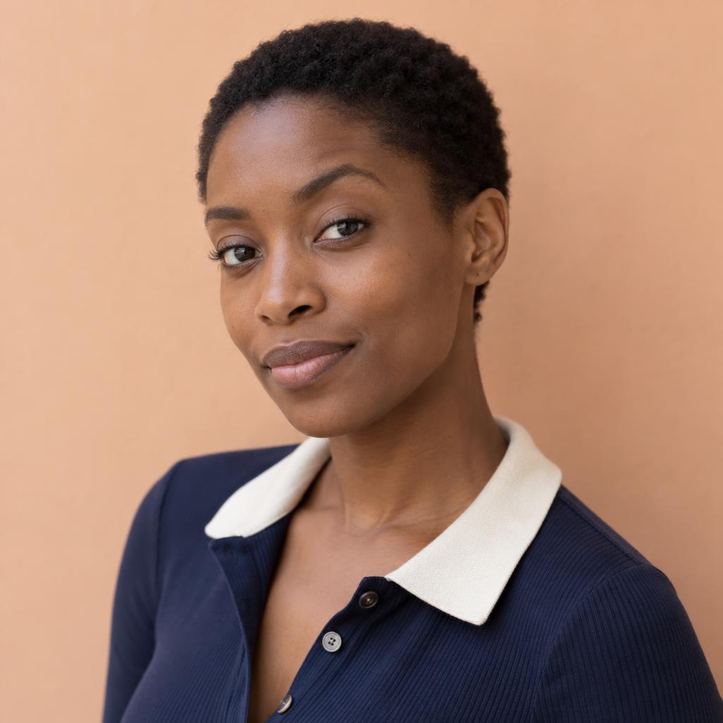Quirky Comedy Casting Look: Photographic acting headshot, chest-up against a plain apricot wall.