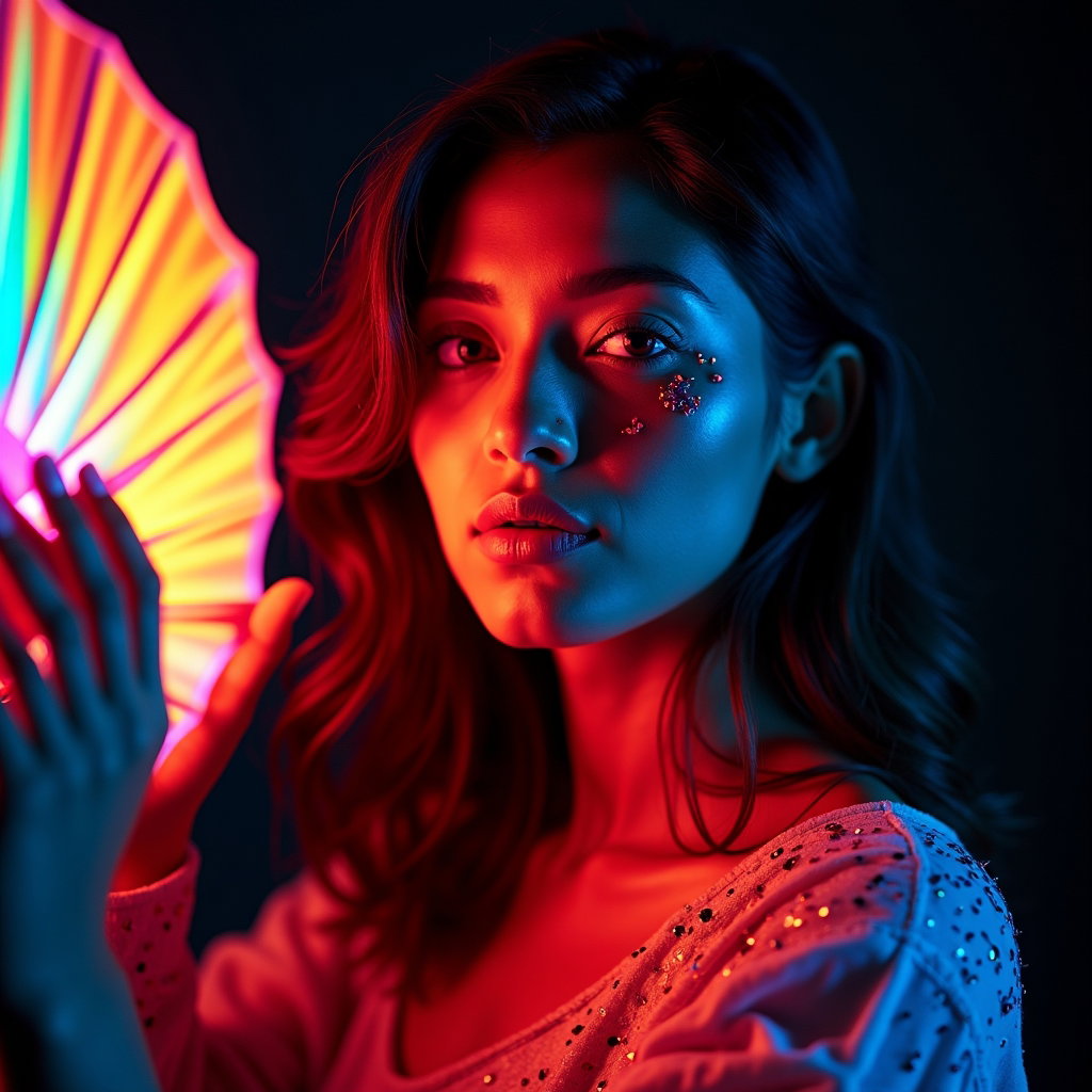 After-Dark Flash Portrait With Afterglow Energy example: Photorealistic experimental after-dark flash portrait photography. Creative portrait of the subject holding a translucen