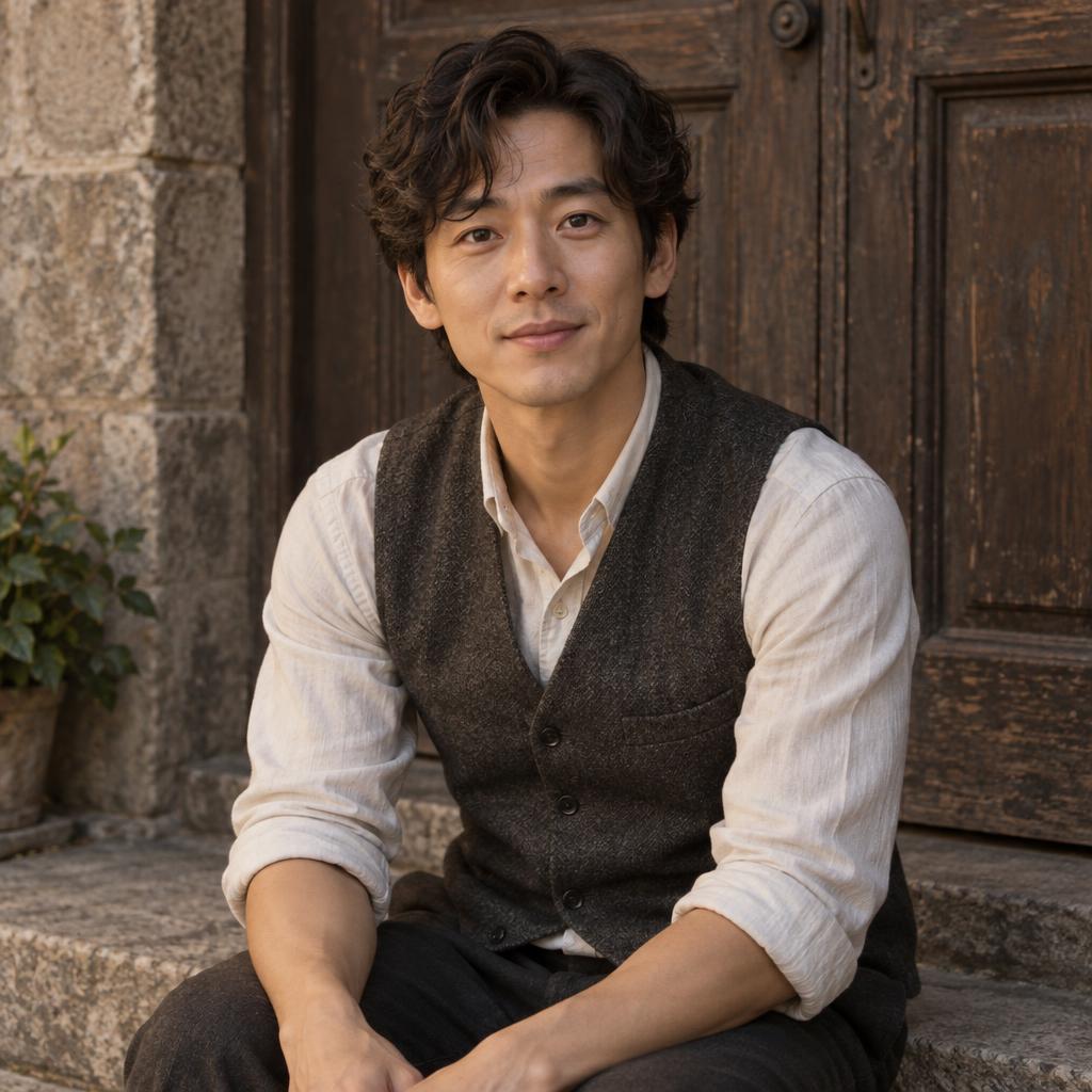 Romantic Period-Drama Lead: Waist-up portrait seated naturally on a broad stone threshold, in a plain charcoal waistcoat and light shirt.