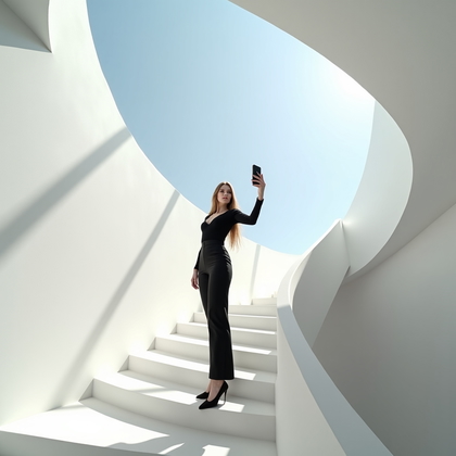 Photorealistic smartphone selfie photo on a sculptural white staircase beneath a skylight, bold shadow stripes across curved plaster walls, arm’s-length mid-torso crop with a confident half-turn toward camera, sleek monochrome outfit and minimal accessories, face centered and unobstructed.