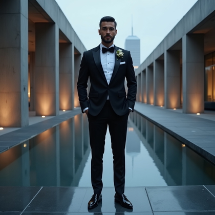 AI-generated photo: Photorealistic wedding editorial portrait in a modern architectural plaza at dusk, captured full-len...