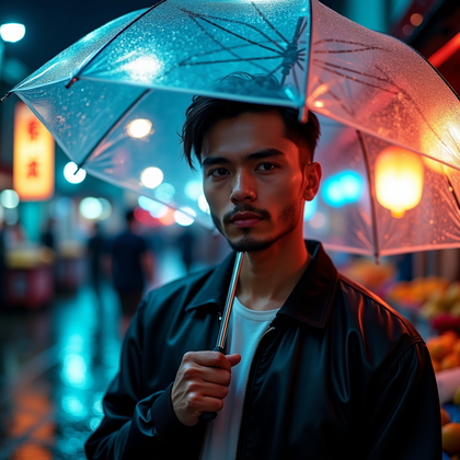 Cinematic portrait photography: Nighttime street market in light rain, subject centered beneath a transparent umbrella with neon kanji and vendor lanterns reflecting across wet pavement, close framing that keeps the face fully visible and luminous despite the weather. Two-tone color contrast washes the scene in cyan and magenta, with soft practicals behind creating bokeh orbs and a delicate rim along jawline and shoulders. The pose is relaxed but self-assured, one hand holding the umbrella near eye level and the other at chest height, suggesting casual movement while maintaining a clear, engaging gaze. Wardrobe leans minimalist and urban—sleek jacket with subtle sheen, clean neckline, and understated accessories that catch specular highlights. Composition uses leading lines from hanging stall banners and string lights toward the eyes, with gentle atmospheric haze to separate subject from background. Fine-grain detail, rain droplets suspended midair, and a polished yet moody grade create a confident, nightlife-ready portrait with strong visual magnetism.