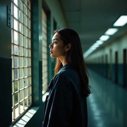 AI-generated photo: Photorealistic intake photography, cinematic side-profile intake shot in a wide booking corridor whe...