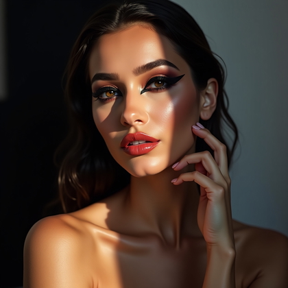 AI-generated photo: Photorealistic luxury beauty portrait photography, vertical composition framed from upper chest to t...