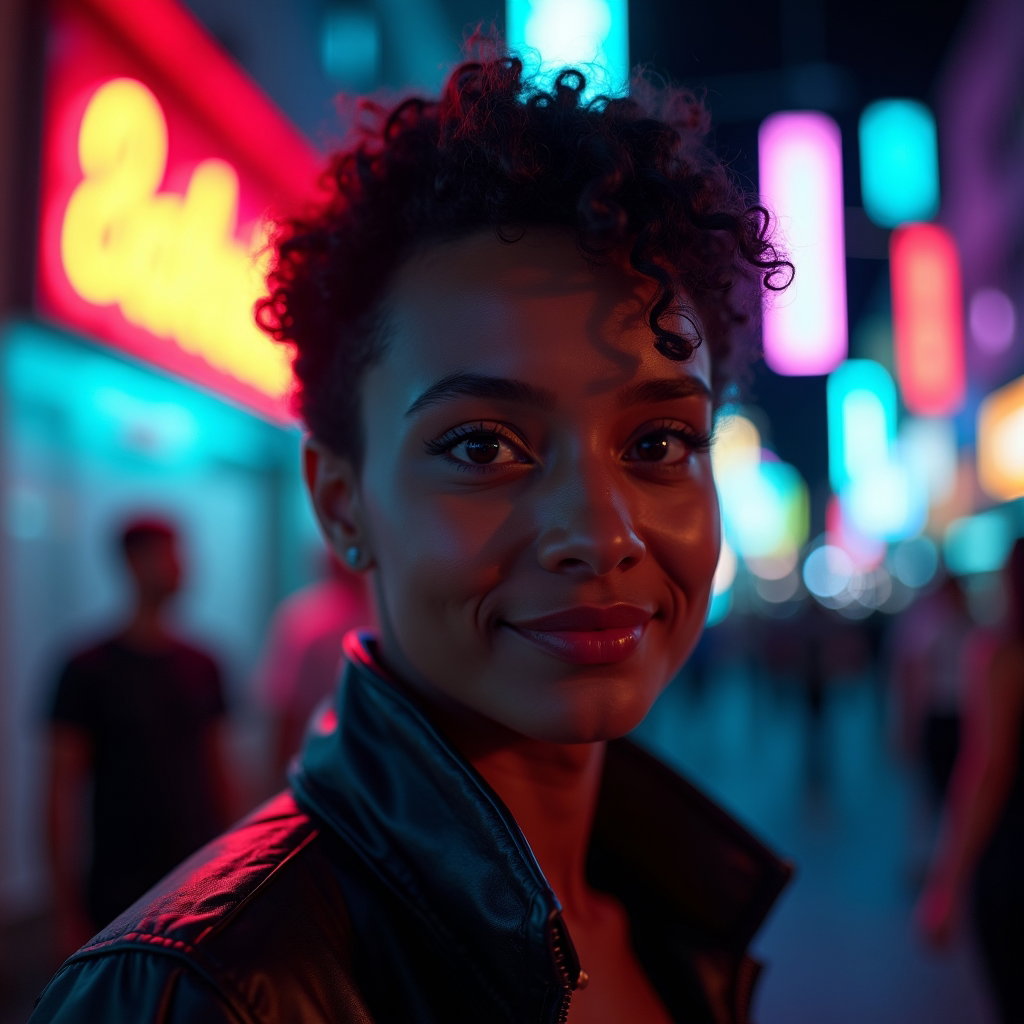 After-Dark Flash Portrait With Afterglow Energy example: Photorealistic after-dark profile-avatar flash portrait photography. Square-crop portrait from the shoulders up, subject