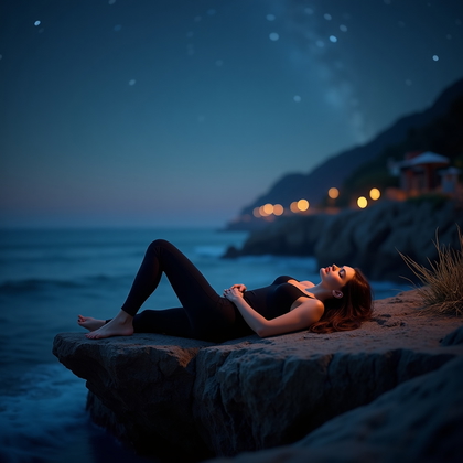 AI-generated photo: Photorealistic coastal cliff astro portrait, full-body scene with the person reclining along a sligh...