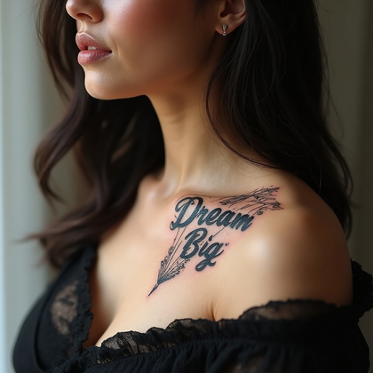 AI-generated photo: Photorealistic photography of a woman with a sophisticated Art Deco-style tattoo on her collarbone, ...