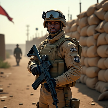 AI-generated photo: Photorealistic military portrait photograph, subject positioned in front of a fortified outpost wall...