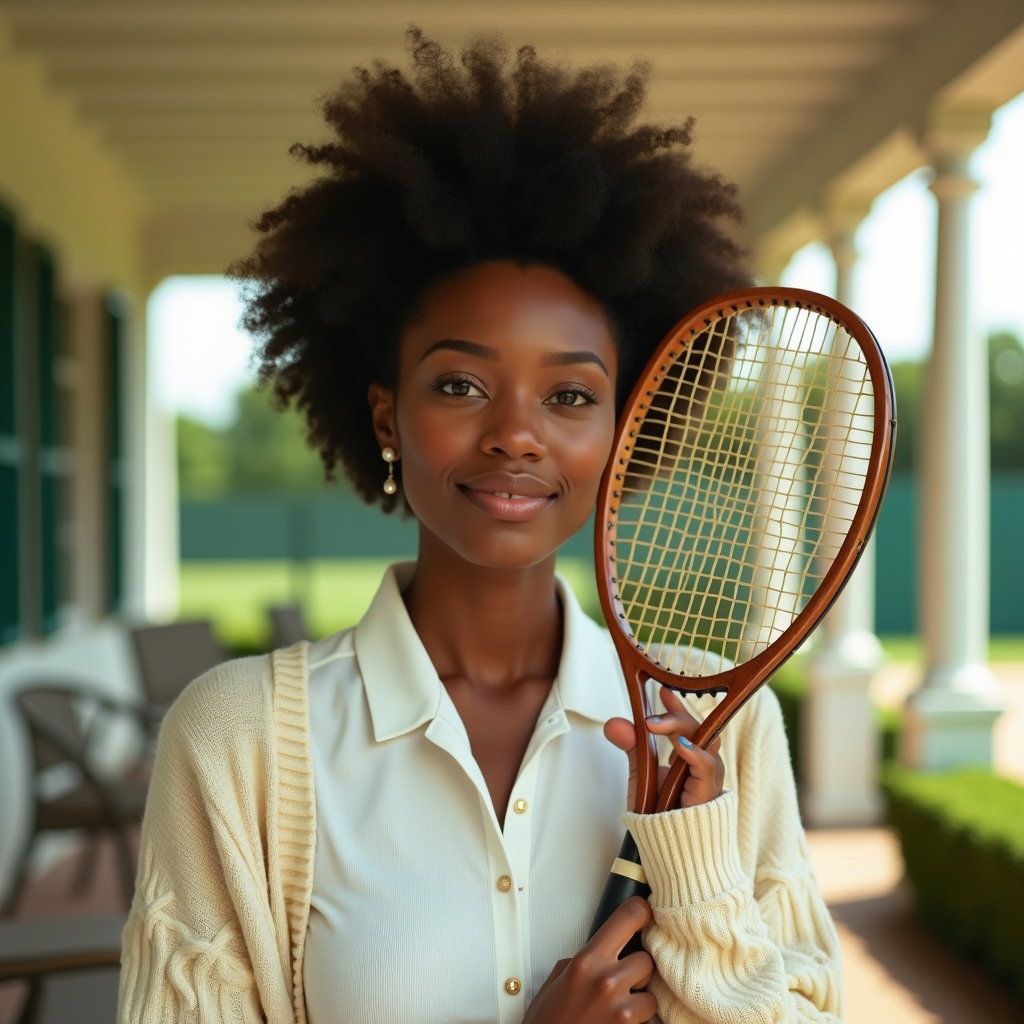 Preppy Country Club Tenniscore Portraits example: Photorealistic portrait photography, close-up country club tenniscore portrait on a shaded clubhouse veranda, with the s