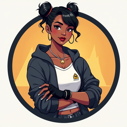 AI-generated photo: Stylized digital illustration portrait. Centered bust-up composition framed in a circular badge, wit...