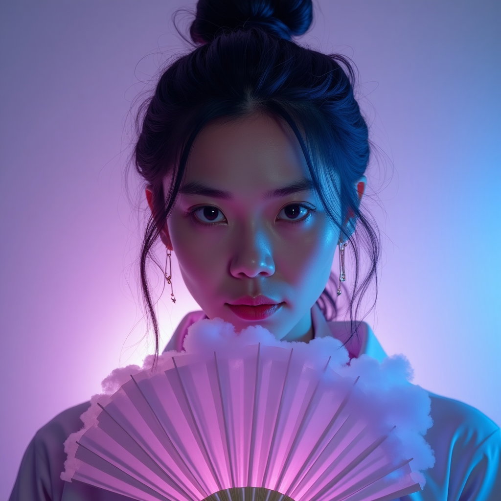 Pastel Idol by Day, Hunter by Night Portrait example: Cinematic fantasy character photo. Square profile-avatar crop from the upper chest up, face fully visible with a direct