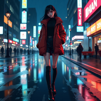 AI-generated photo: Anime illustration. A polished character portrait set in a rainy nighttime city scene, with a sleek ...