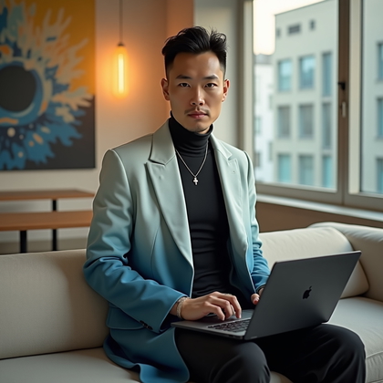 AI-generated photo: Photorealistic indoor portrait photography. In a minimalist co-working lounge with clean lines, soft...