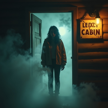 Cabin Doorway Final Stand example: Retro horror poster-style cinematic photo. Creative doorway portrait where the subject stands in the cabin entrance surr