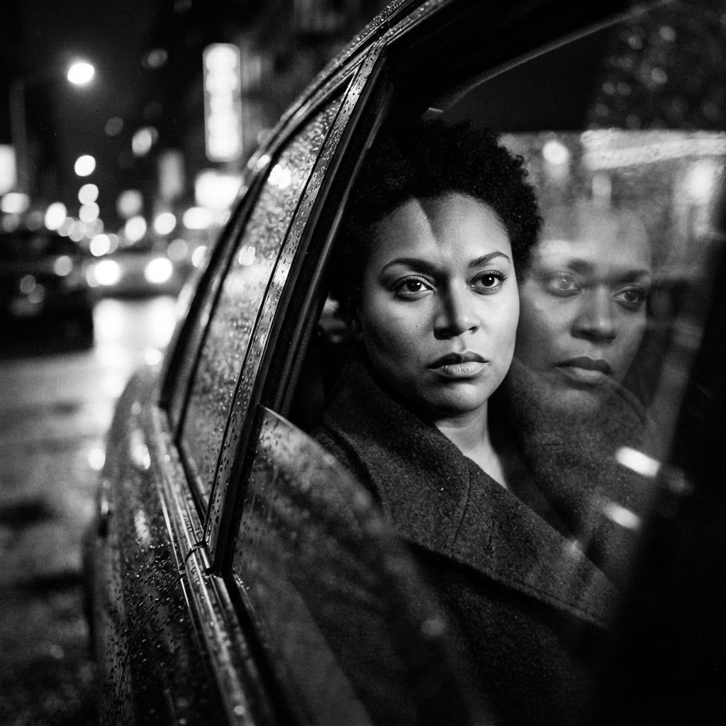 Car Window Reflection: Tight noir portrait shot from outside a parked car through a rain-specked side window, the subject seated close to the glass with a dark…