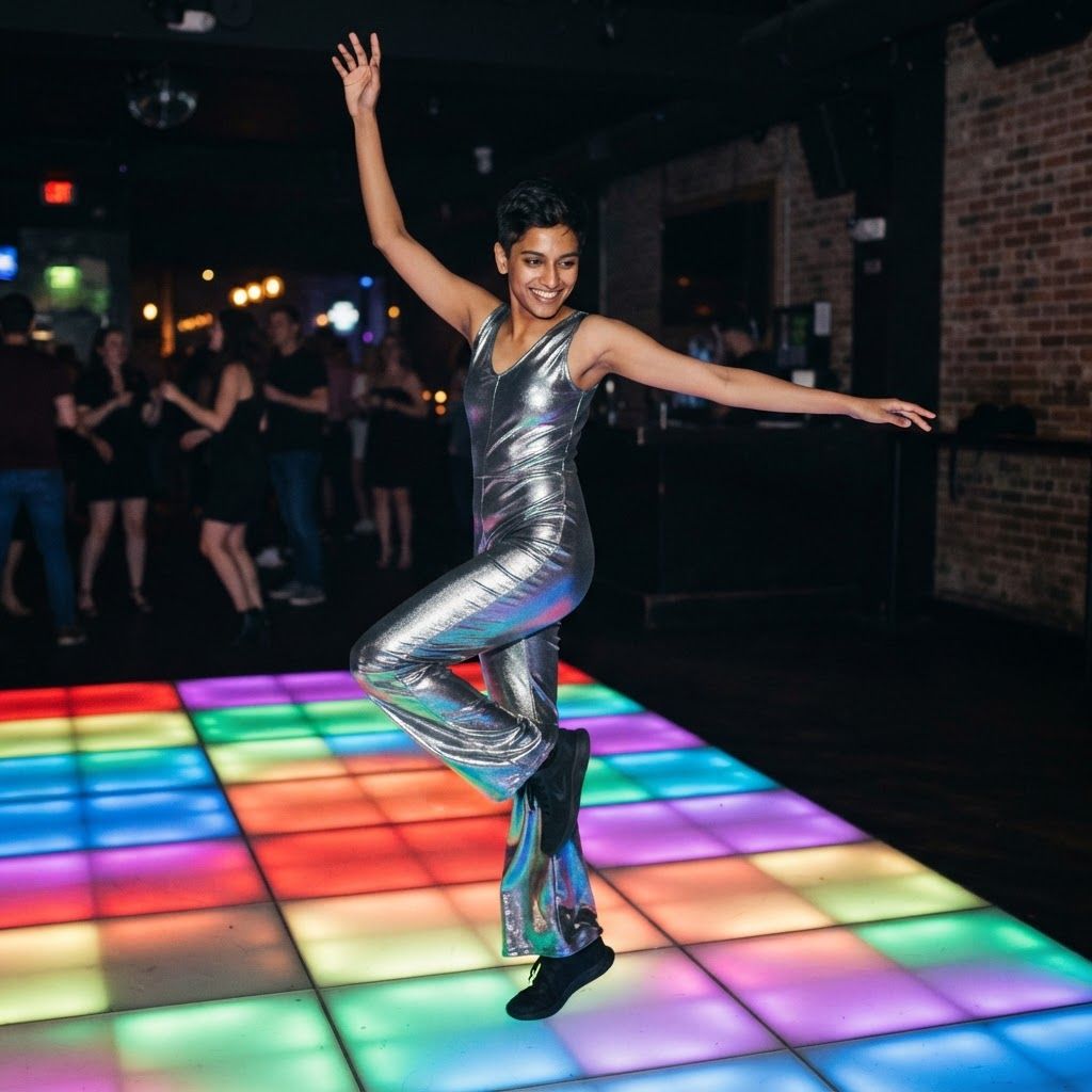Retro Disco Star in Motion: Slightly elevated full-body view of a solo mid-pivot dance move, one arm lifted and the other extended for balance.