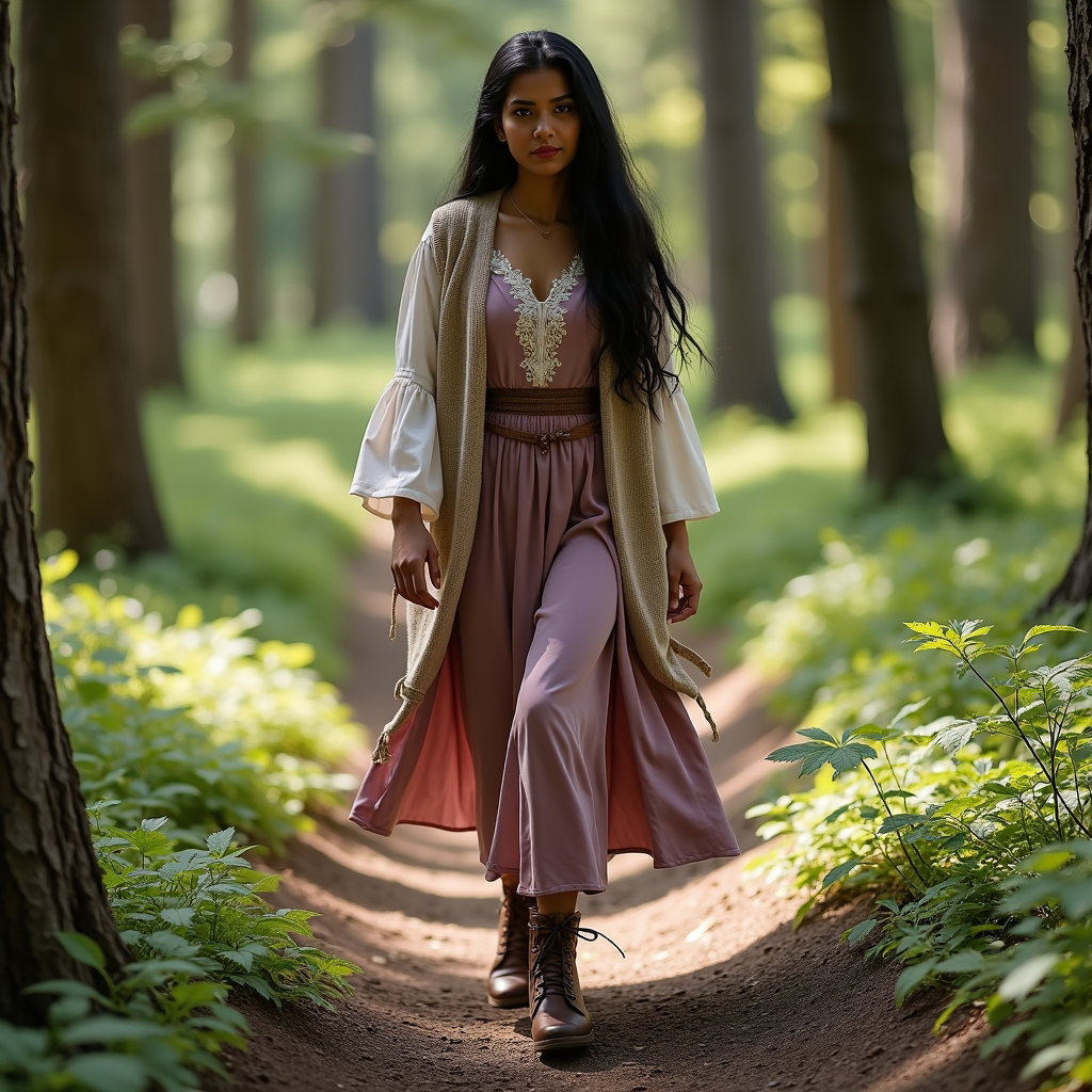 Portrait en pied sur un sentier forestier : photo en pied prise un peu plus bas sur le chemin, sur un sentier boisé traversé de racines, avec une seule personne visible au milieu d’un pas au-dessus d’une racine saillante, posture…