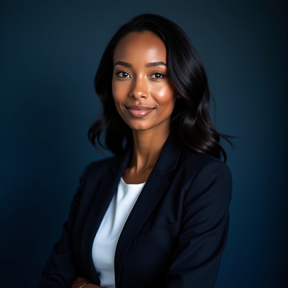 AI-generated photo: Professional headshot photo set in a studio on a matte navy seamless with a crisp diagonal light ban...