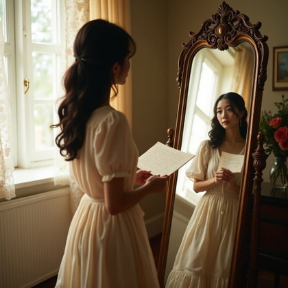 Mirror Reflection Poetcore Portrait With a Handwritten Letter example: Photorealistic portrait photography, a full-body mirror portrait in a softly lit bedroom, the subject standing in front